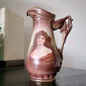 Vintage Austria Pottery Pitcher Portrait Vase Rose Lady 5.5"